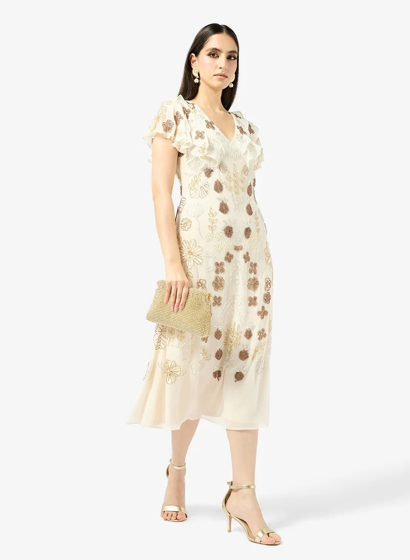 Frock and Frill Embroidered Short Sleeve Midi Dress